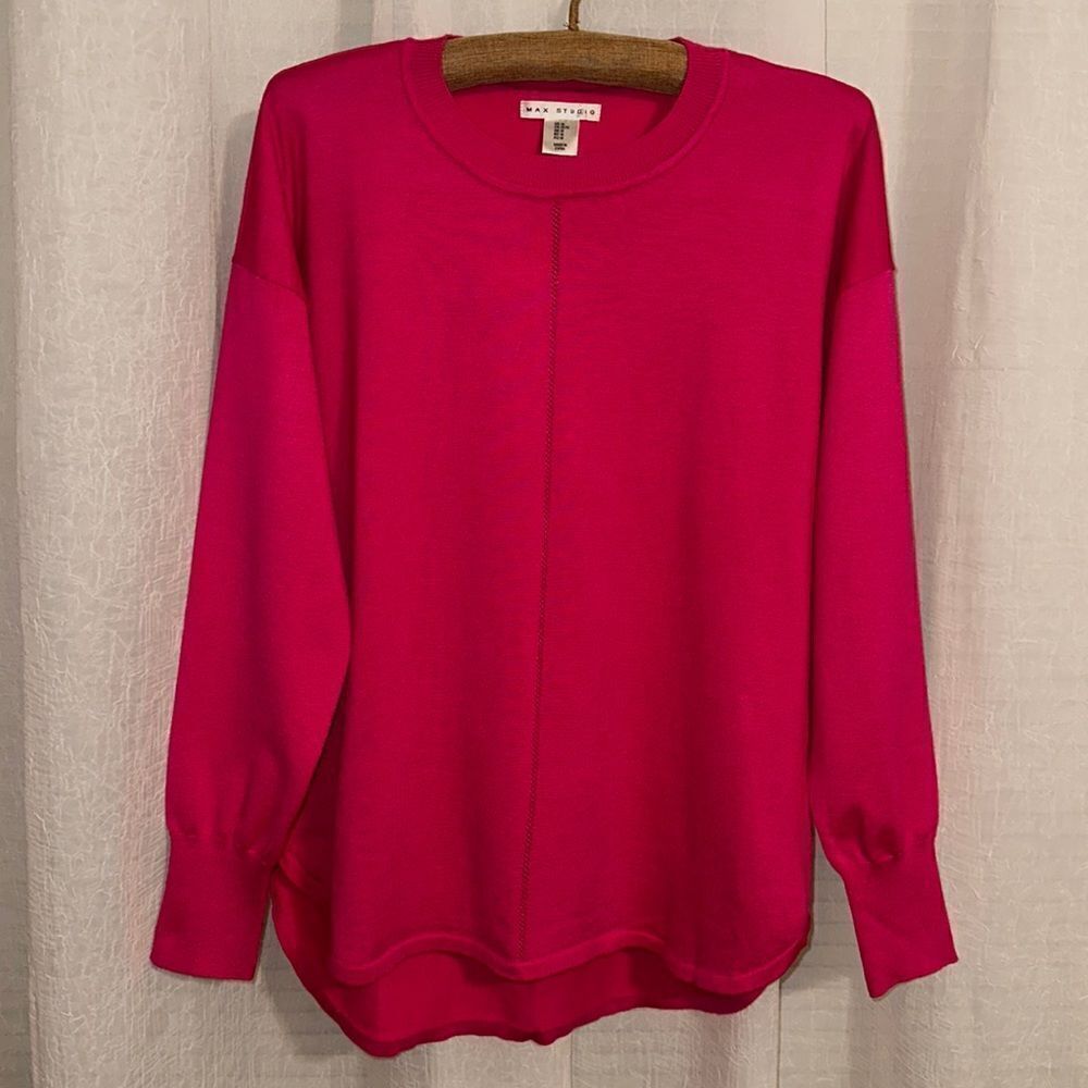 Max Studio M Fuchsia Pink Crewneck Fine Knit High Low Pullover Sweater
